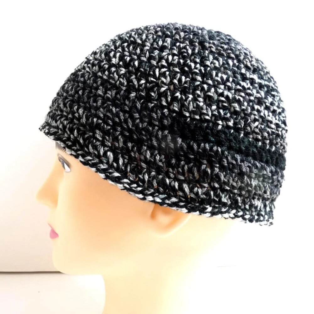 Handmade Crochet Stripe Beanie OS Spring Cap Black and White Warm Hat Hand Knit